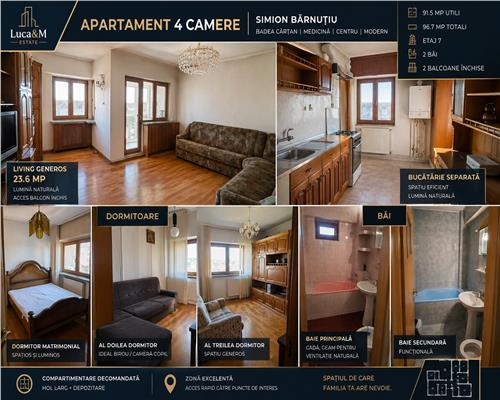 Apartament 4 camere , Zona Modern ,Bd. Simion Barnutiu ,Badea Cartan.